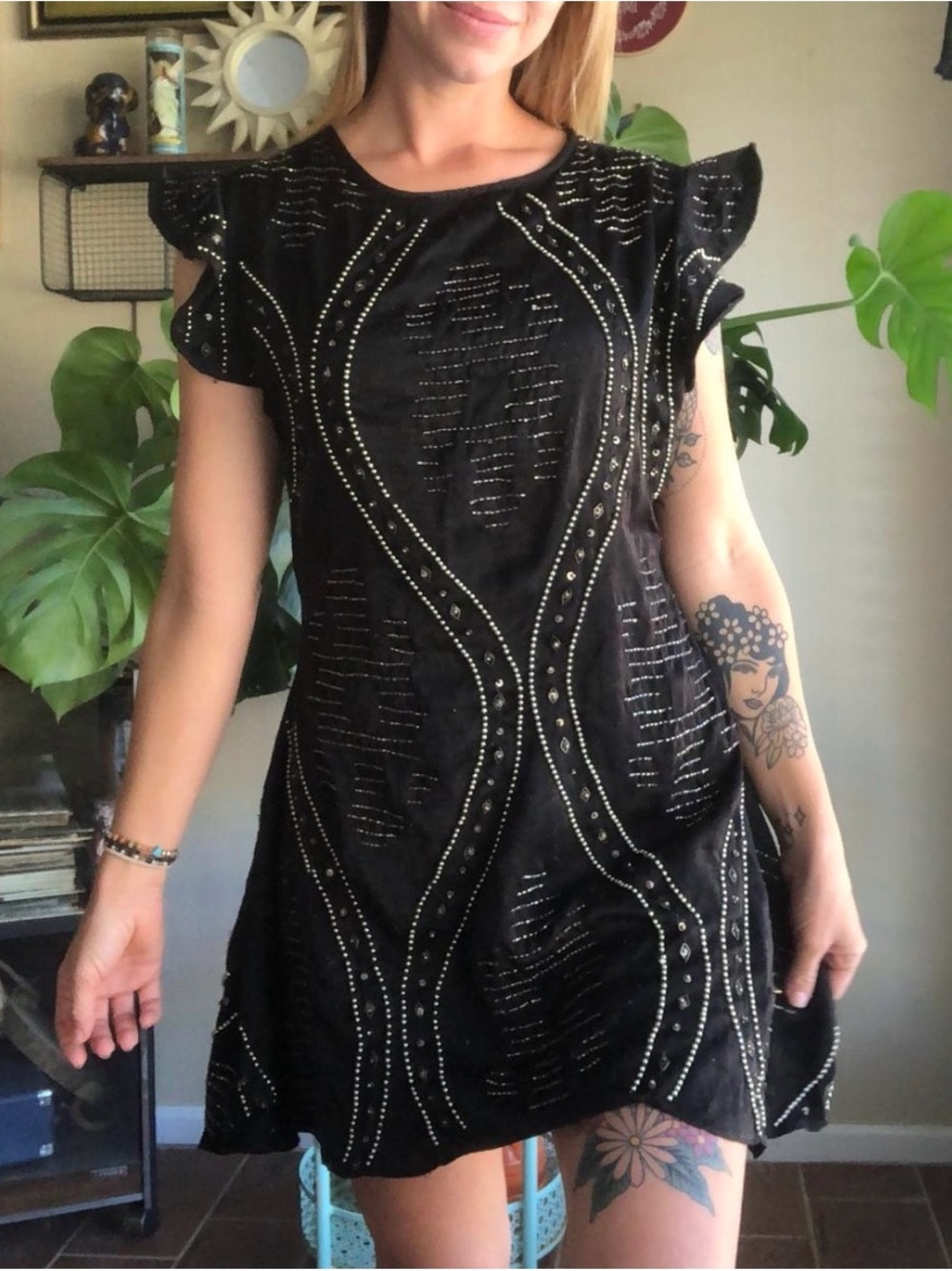 Free People Black Stud Embellished Flutter Sleeve Mini Dress